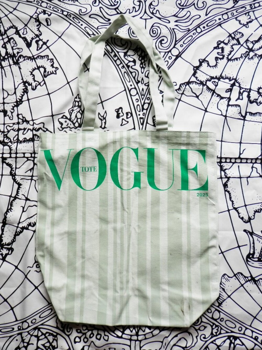 Vogue 2023 Green Striped Canvas Tote Bag